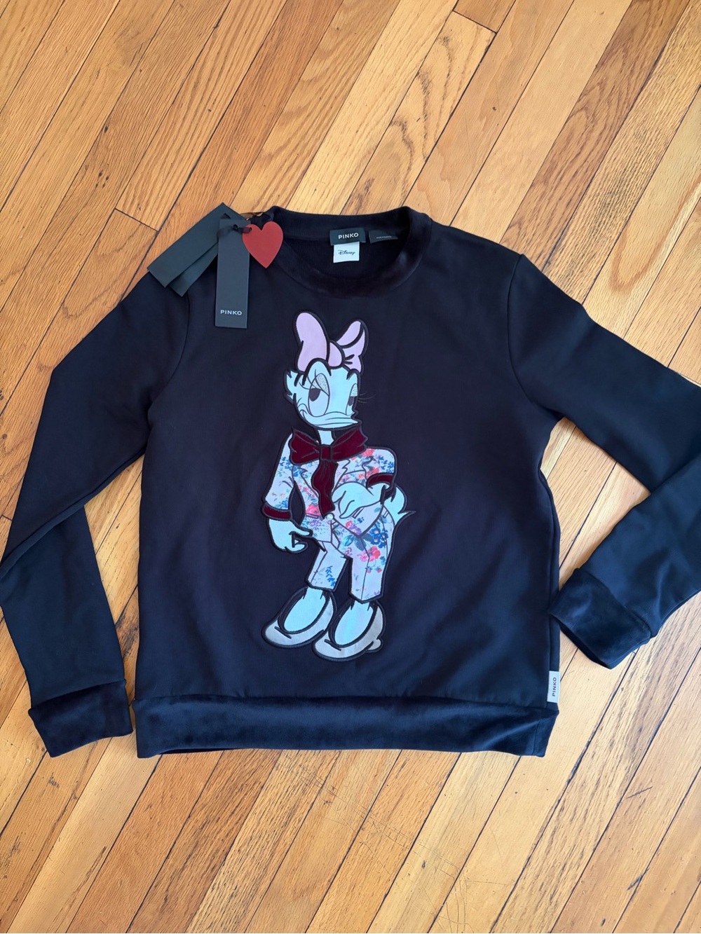 NWT Disney X Pinko Daisy Duck Black Crew Sweatshirt Faux Fur Trim. Sz Small.